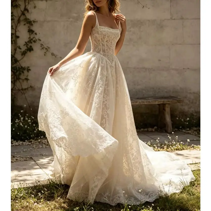 Customized Elegant Lace Backless A-line Wedding Dress for 2026 Romantic Suspender Square Neck Bridal Gown Suitable for Gardens