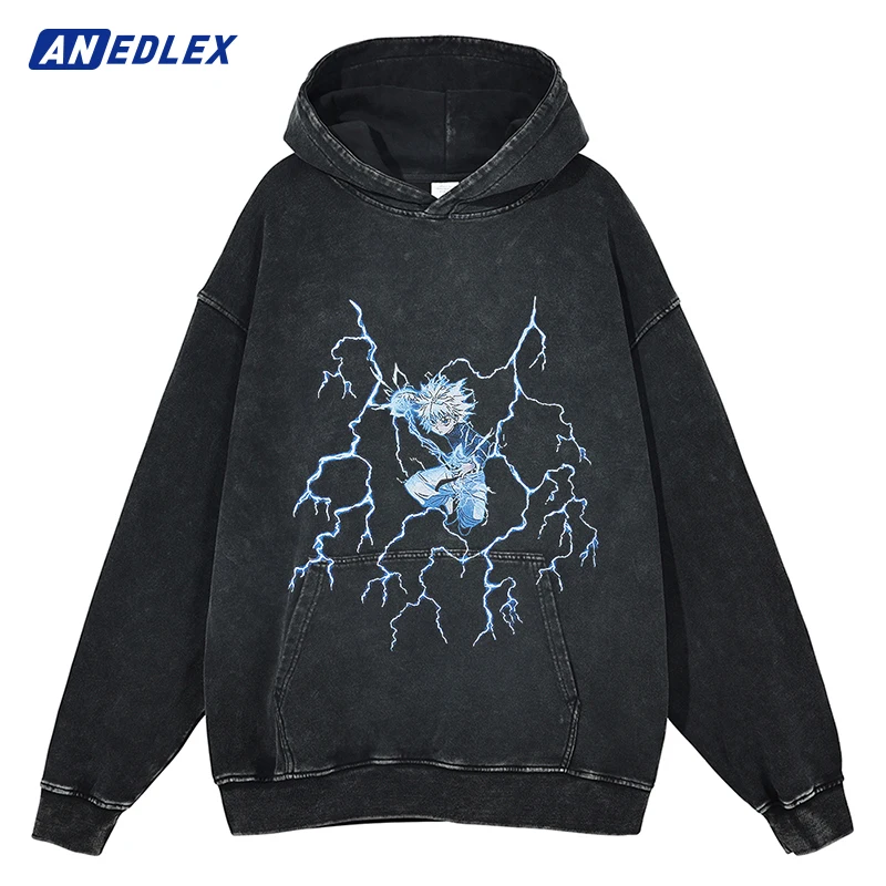 

2023 Autumn Men Sweatshirt Hoodie Streetwear Anime Print Washed Pullover Harajuku Cotton Hooded Sweatshirt Black