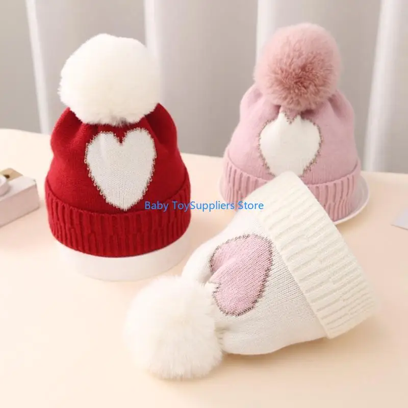 

R1WF Knitted Hat Kids Winter Soft Baby Bonnet BigPompom Embroidered Heart Hat