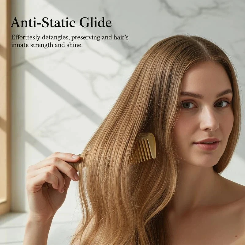 Handcrafted Ox Horn Detangling Comb Soft on Scalp Reduces Hair Breakage Ideal for Men Women and Kids