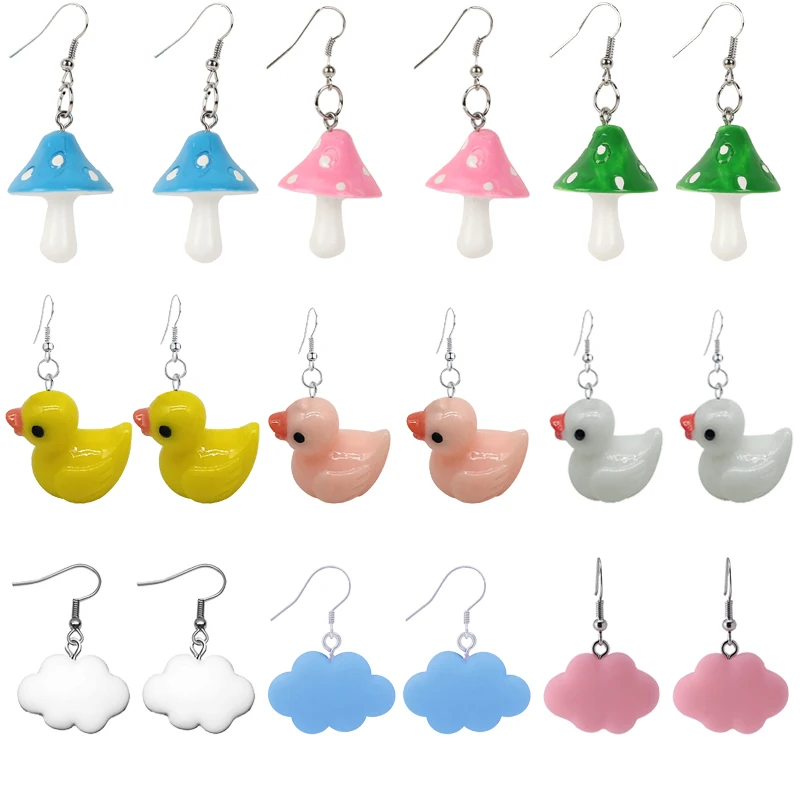Bonito simples engraçado pequena gota brincos para as meninas das crianças animal pato sapo cogumelo forma nuvem resina balançar jóias presente