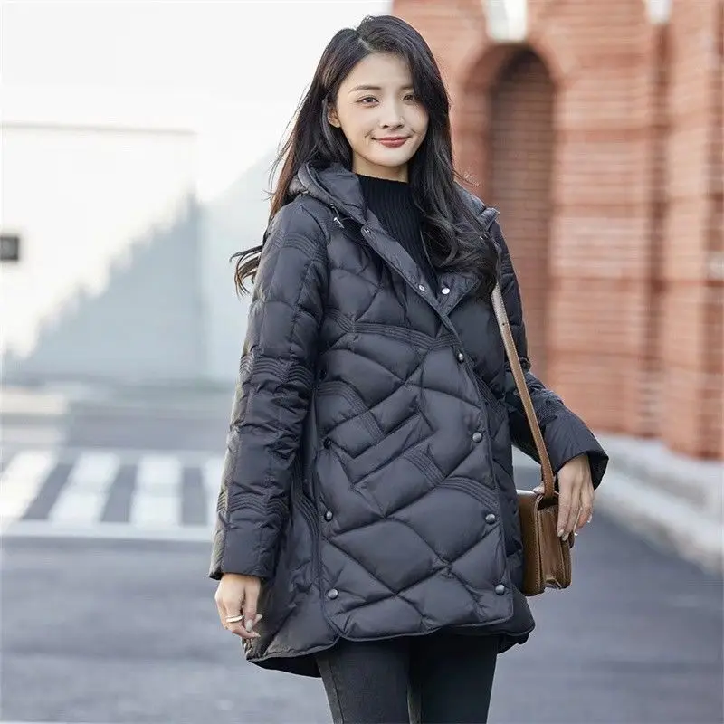 Women New Winter Down Jacket Large Medium Long Lightweight Hood Fashion Design Loose White Duck Down