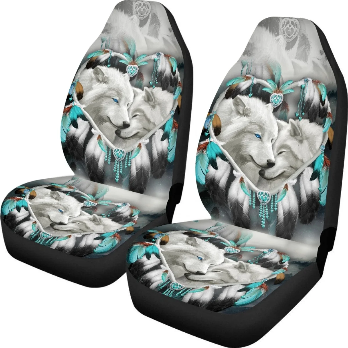 2Pcs Car Accessories Snow Wolf Dream Catcher Feather Design Car Seat Covers Set for Women Men Polyester Cloth Comfort Material