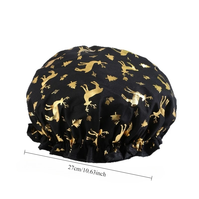 금도금 순록 패턴, 귀여운 사슴 샤워 캡이있는 2PCS 더블 레이어 방수 샤워 캡