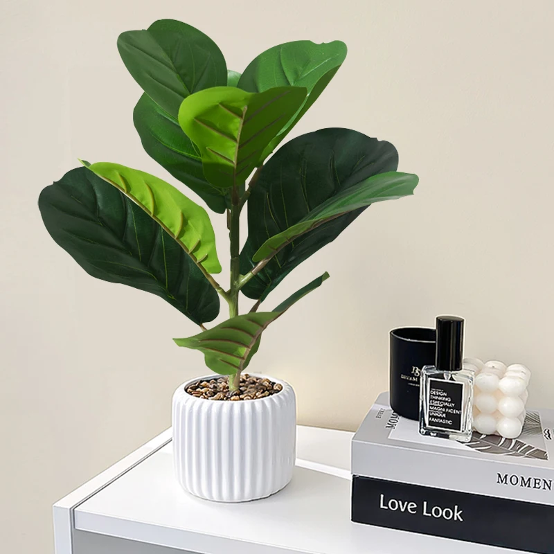 38cm Fake Ficus Tree Artificial Fiddle Leaves Tropical Banyan Plants Branch Plastic Fig Tree Foliage Faux Rubber for Home Office