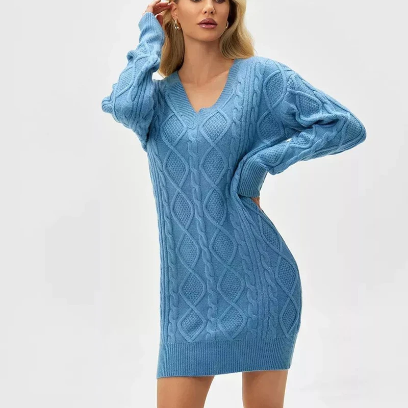 

2026 New Spring Autumn Winter Women's Knitted Sweater V Neck Long Sleeve Warm Fashion Long Skirt Solid Color Knitting Dress