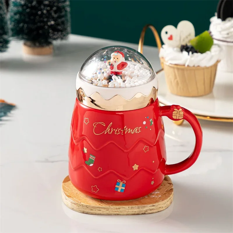 Christmas Mugs Santa Claus Figurines Ceramic Cup with Snowball landscape Lid Creative Xmas Gift Office Home Milk Coffee Cup