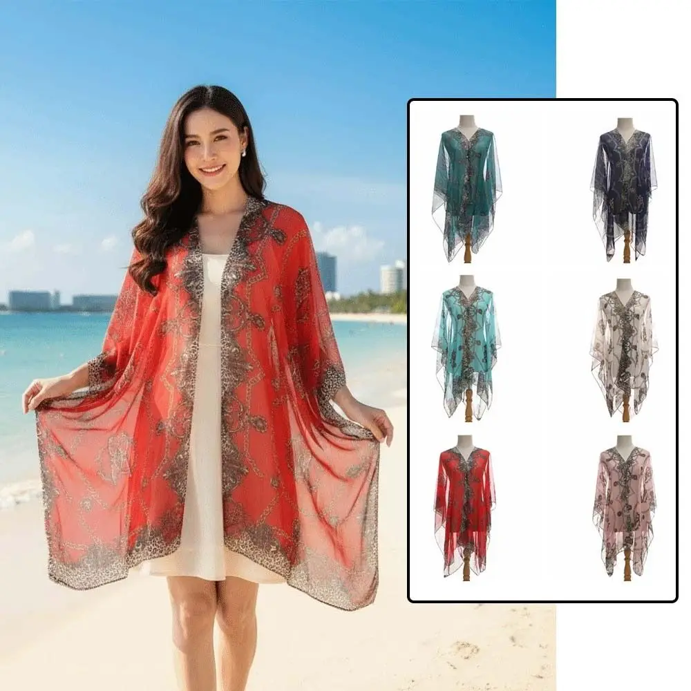 

Breathable Big Chain Printed Shawl Long Polyester Sunscreen Thin Large Scarf with Buckle Lightweight Seaside Vacation Cloak Gift