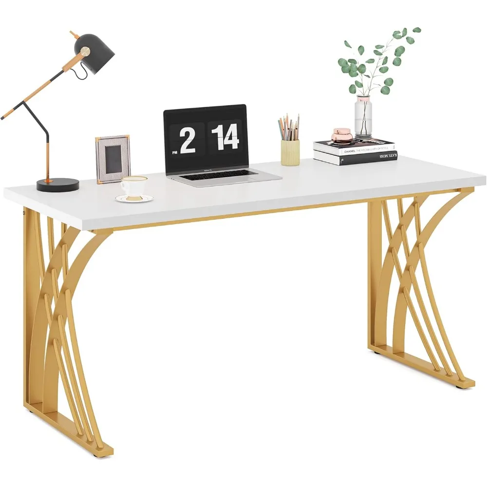 

55’’ Large Modern Computer Desk, White & Gold Luxury Laptop PC Student Table, Makeup Vanity Table with Thick Frame & Strong Leg