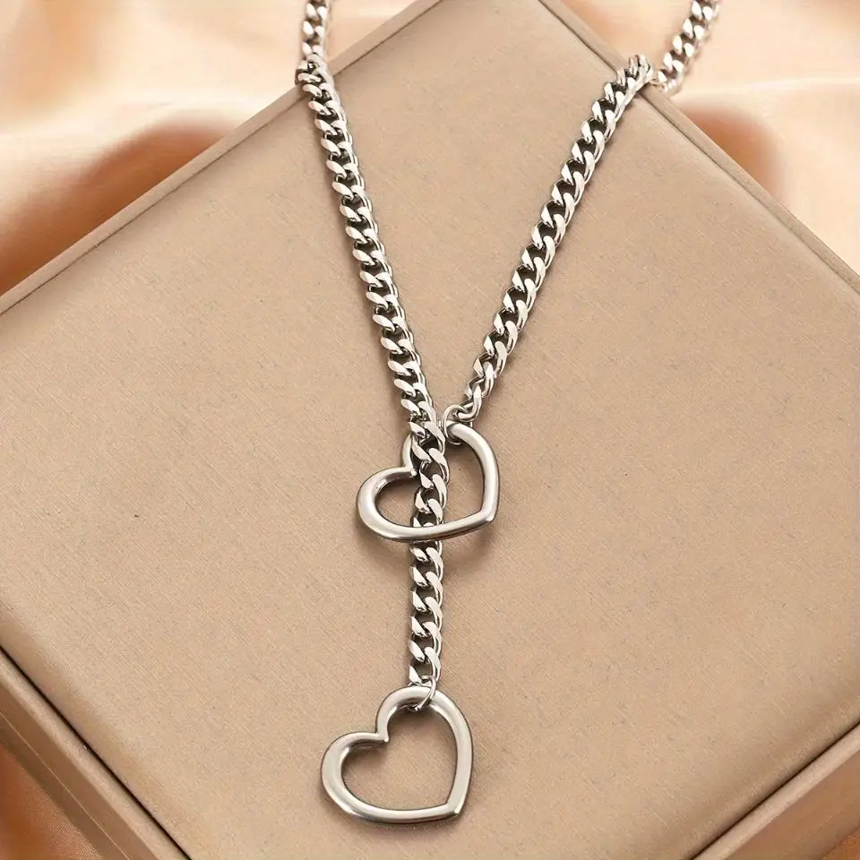 Adjustable Stainless Steel Cuban Link Necklace With Heart-shaped O-ring - Punk Rock Style Nice For Daily And Party Wear