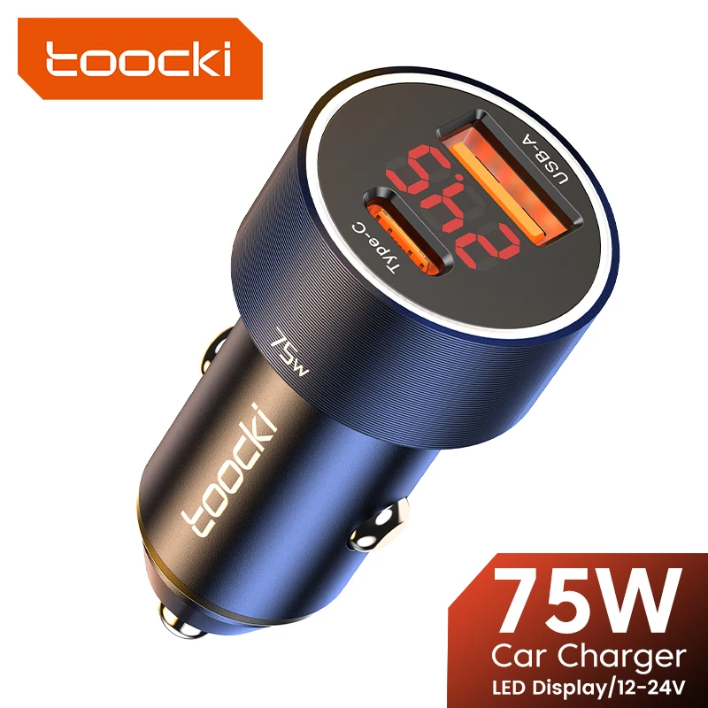 Toocki USB C Car Charger 75W Digital Display PD Fast Charging Dual Port USB A Quick Charge Phone Charger for iPhone Xiaomi POCO