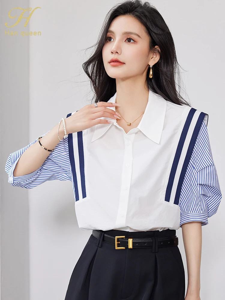 H Han Queen 2024 Summer Korean Women Colorblocking Stripes Vintage Tops Chiffon Short Sleeve Casual Office Shirts Elegant Blouse