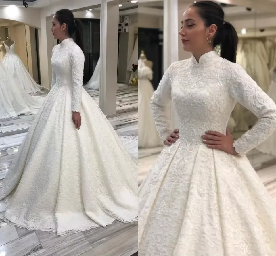 Vestido de novia musulmán con cuentas de encaje personalizado, vestido de novia Vintage de manga larga con cuello alto, Vestidos de novia 2025, Vestidos de boda