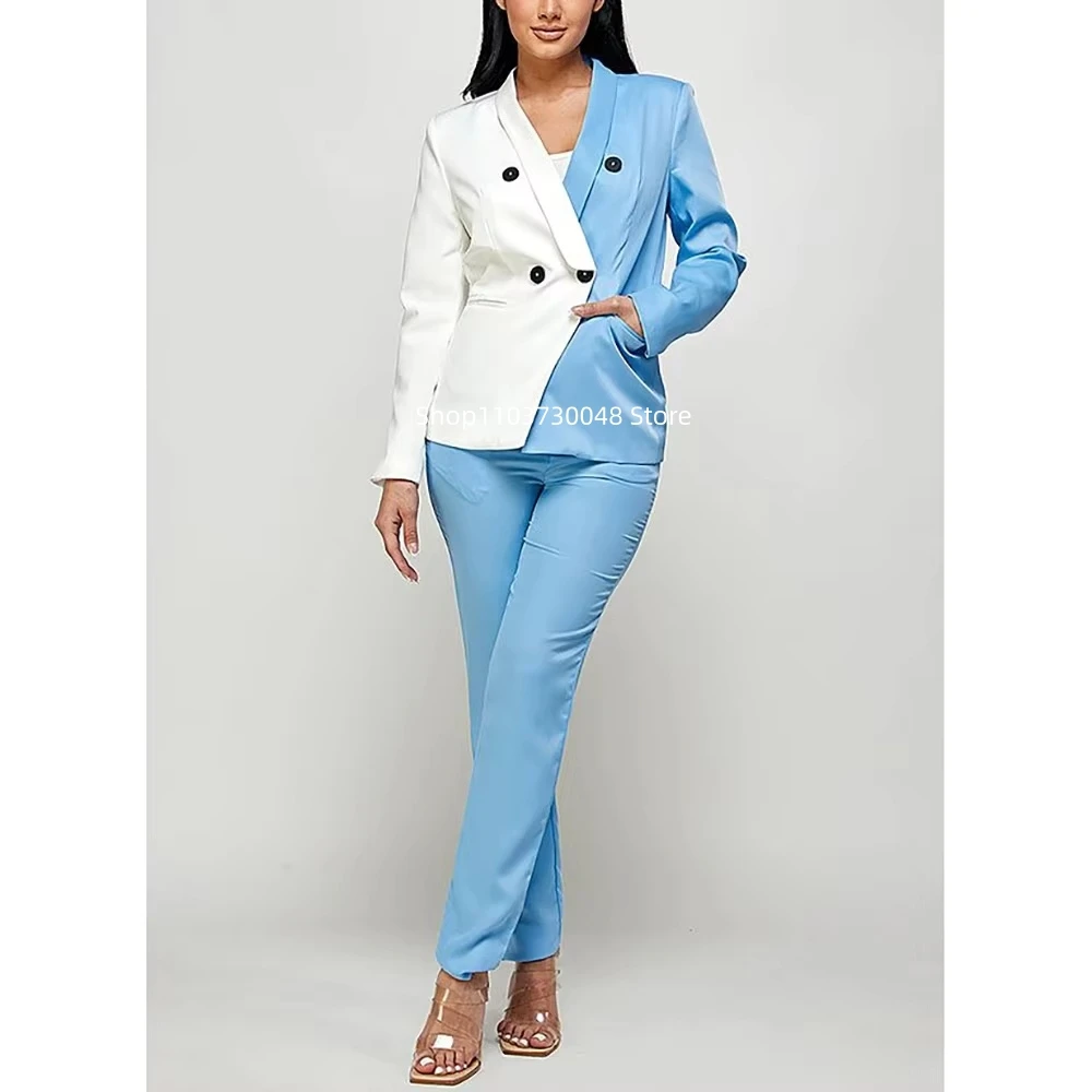 

Blue and White Women's Suit Blazer Pants 2 Piece Set For Office Work Slim Fit Jacket Pants Sets Formal Wedding Female Clothing
