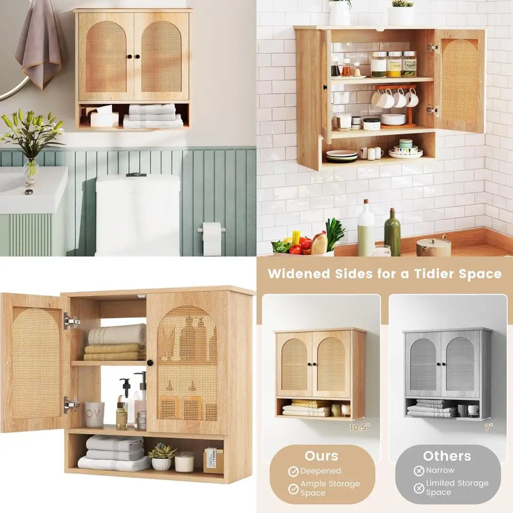 

Компактный настенный шкаф для хранения из ротанга с 2 дверцами и регулируемыми полками для ванной, прачечной, кухни и гостиной