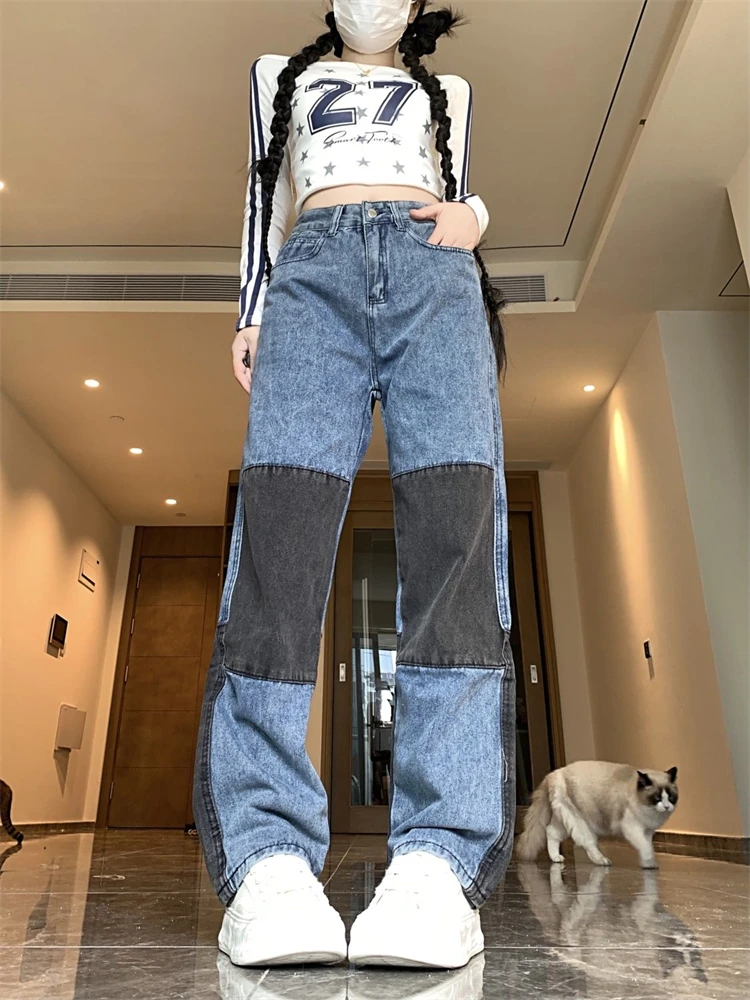 Women's Color Blocking Splicing Wide Leg Blue Jeans Cool Girl Streetwear Fashion High Waist Pant Female Straight Design Trousers