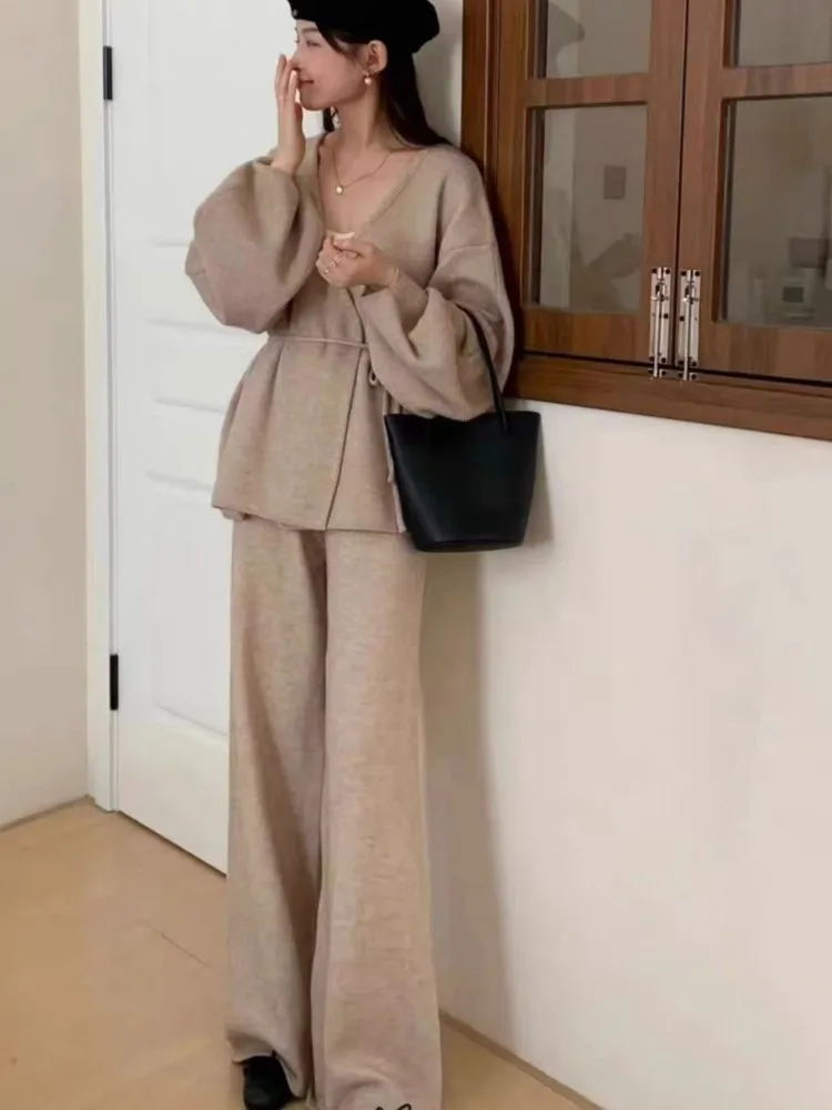 Fashion V-neck Long Sleeve Drawstring Sweater Cardigan And Wide Leg Trousers Casual Women Knitted Two Piece Set Outfits Autumn