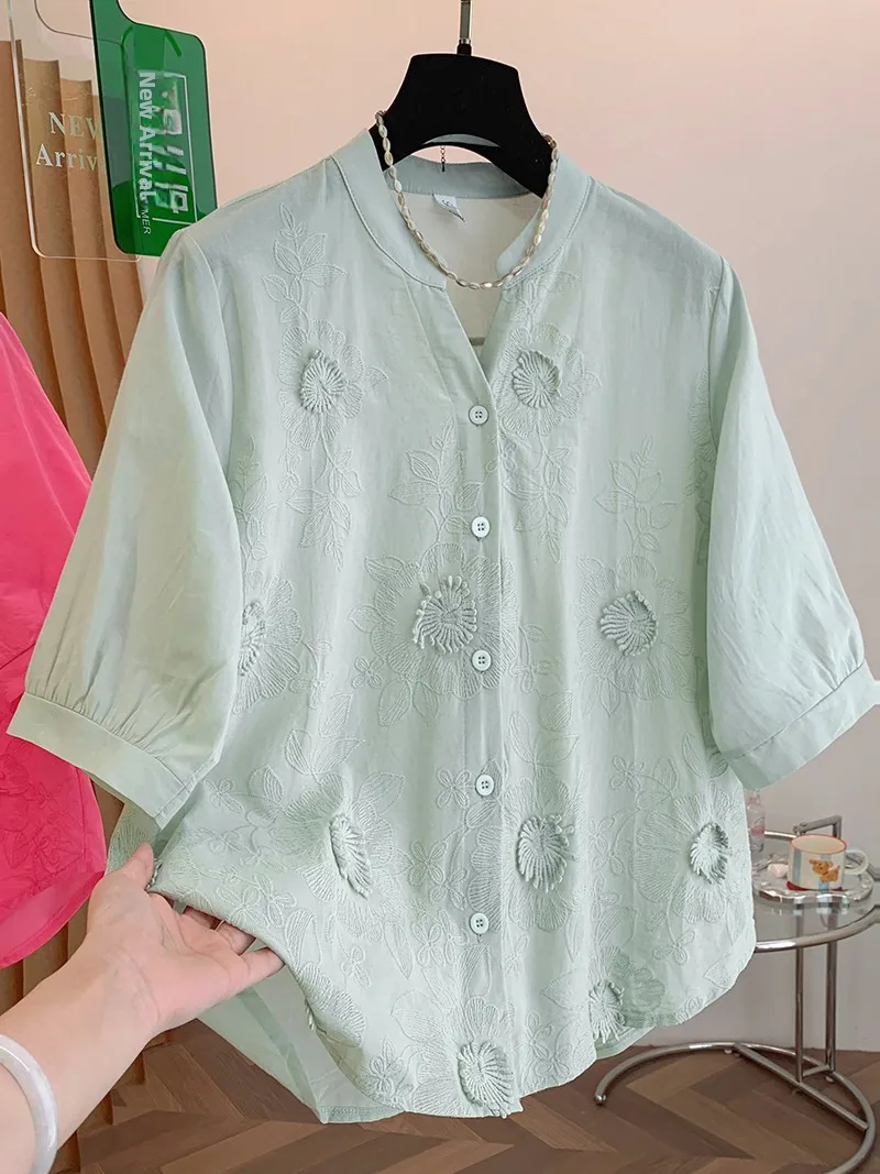 

Elegant Embroidered Cotton Linen Short Sleeve Shirt Women's Fashion Vintage Style Loose Fit Summer New Arrival Anti-Aging