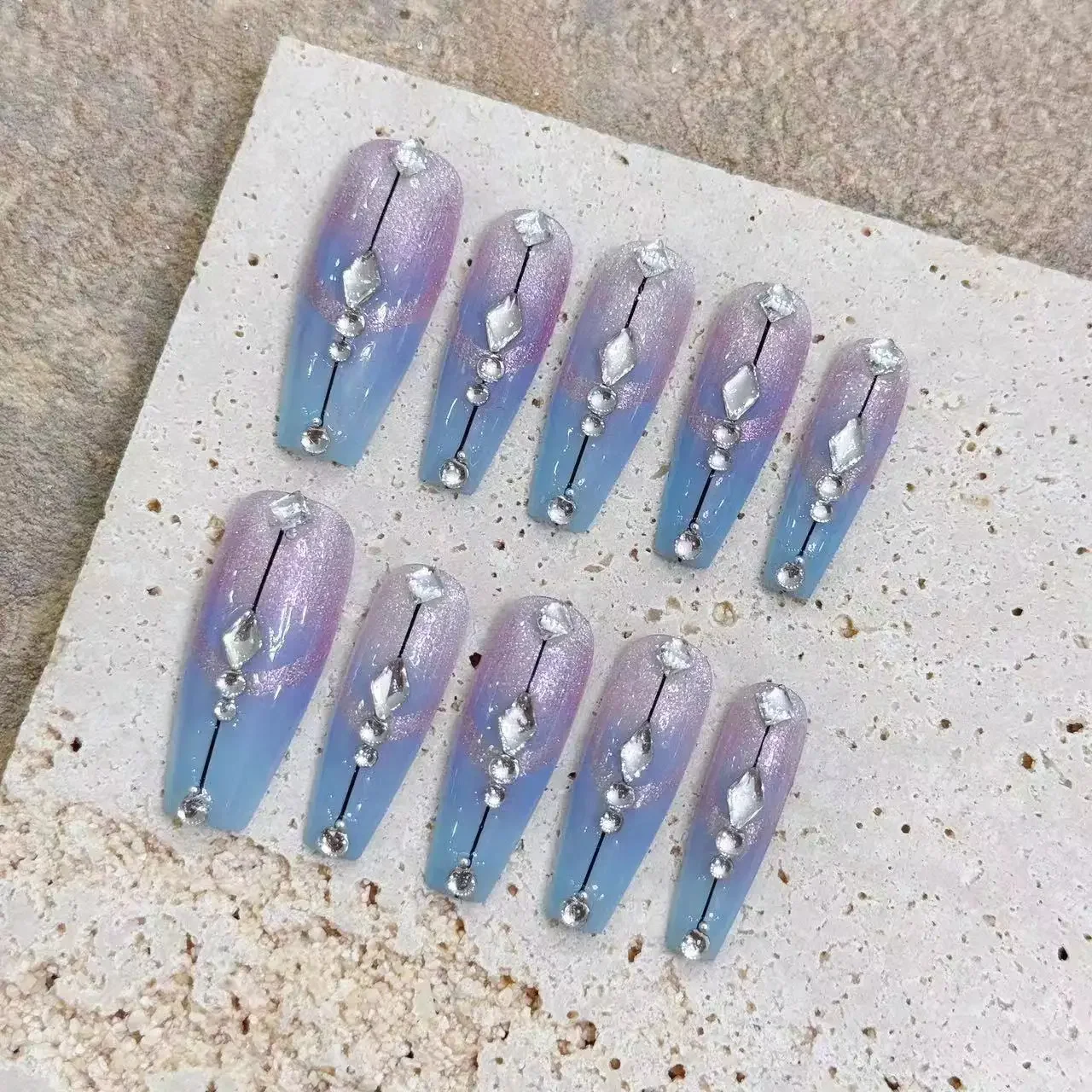 10Pc Handmade Long Press on Nails Hand drawn Cat eye fake nails red white blue Bohemia Detachable False Nail Full Cover Nail Tip