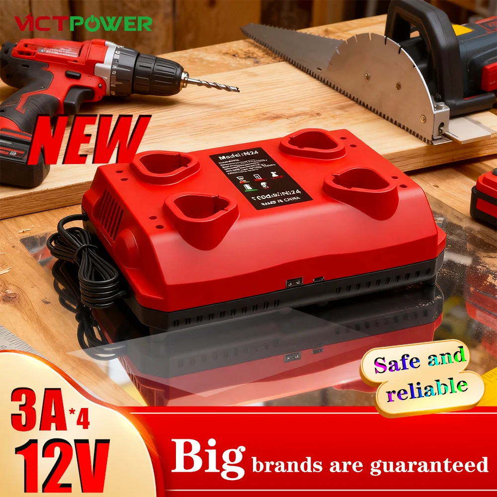 VICTPOWER 4 Slot Charger for Milwaukee M12 M18 12V 18V Battery 3A Fast Charger USB Type-C Power Tools