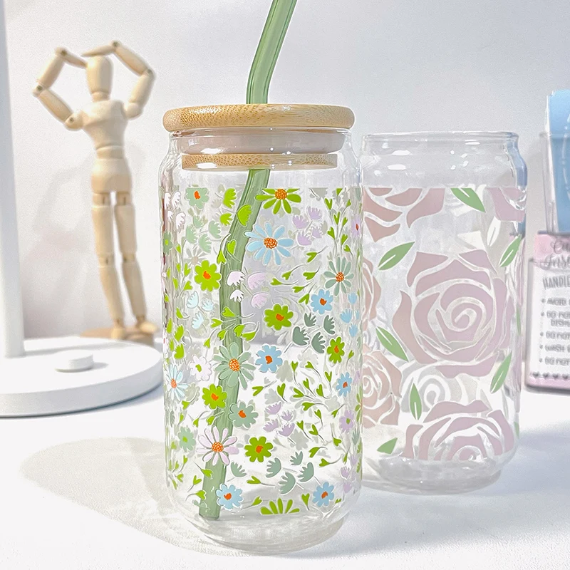 

Cute Flower Glass Cups Tumber With Bamboo Lid And Straw 500ml Can Shaped Glass Cups Iced Hot Coffee Tea Juice Glasses Gift