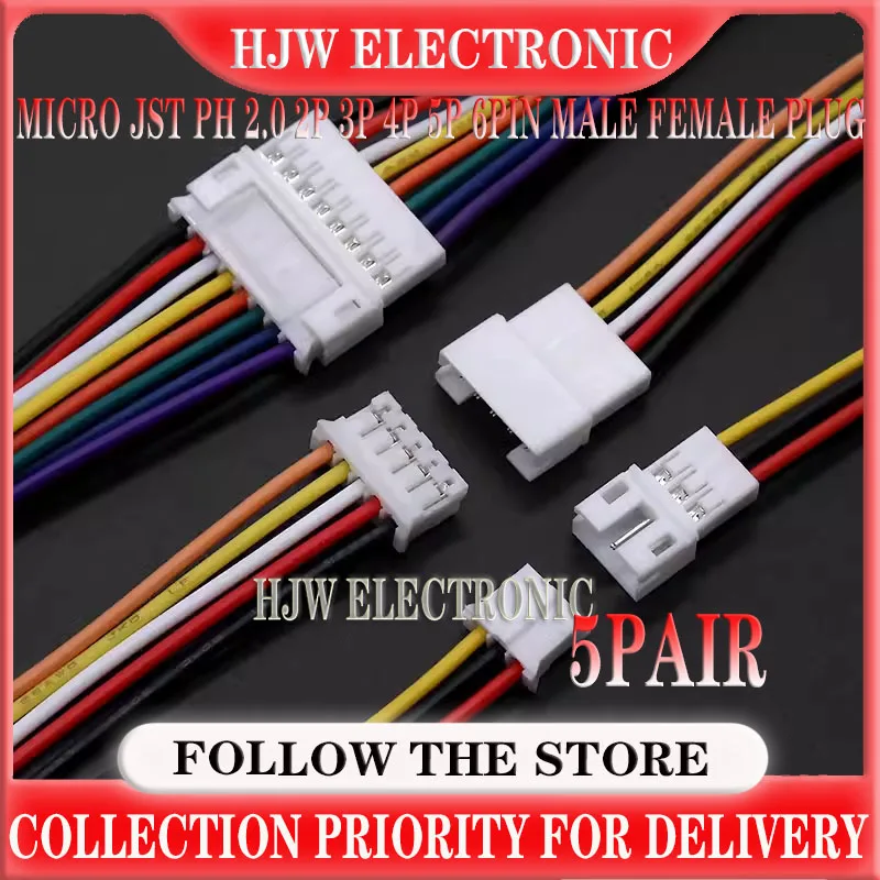 10PCS 5Pair Micro JST PH 2.0 2P 3P 4P 5P 6PIN Male Female Plug Connector With Wire Cables 20CM+20CM For Arduino MP3