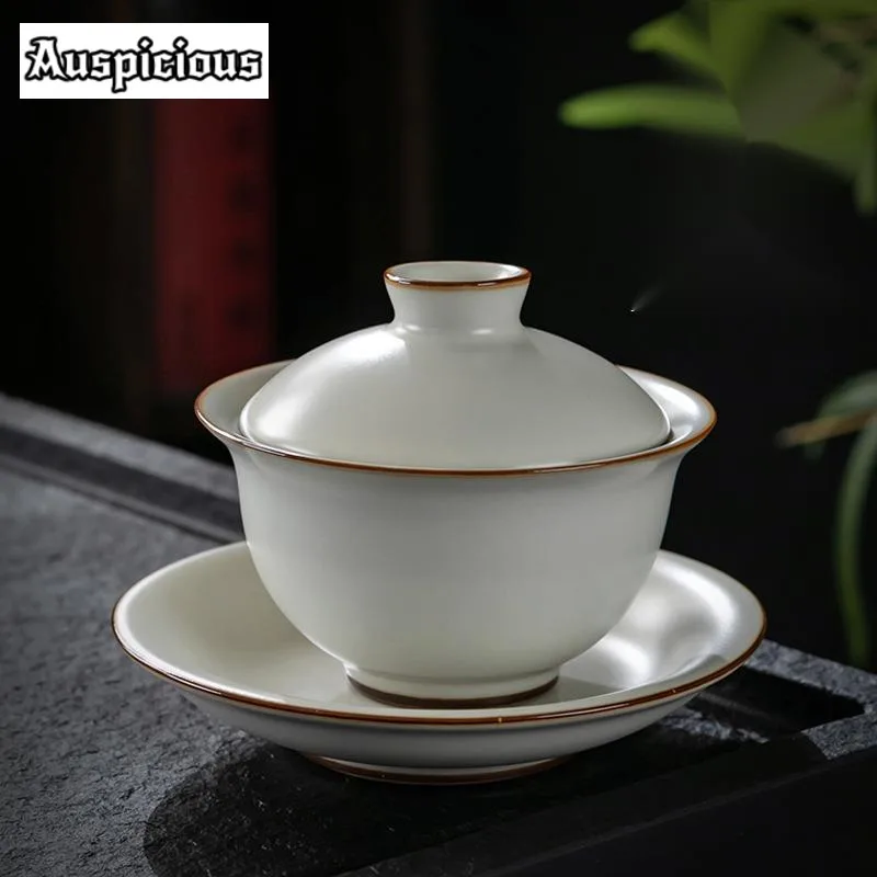 150ml Handmade Moon White Ru Kiln Gaiwan Handmade Tea Tureen Household Tea Maker Cover Bowl Tea Items Cha Equipment Craft Gift