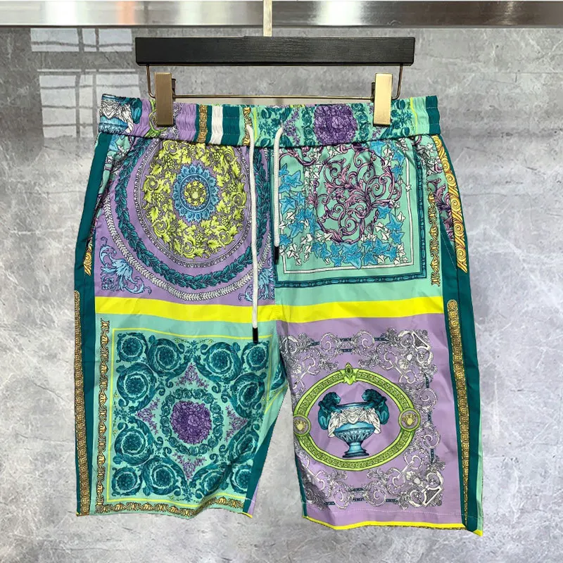 Retro Ethnic Color Contrast Streetwear Men Shorts Summer Beach Holiday Floral Print Pattern Casual Hawaiian Short Streetwear