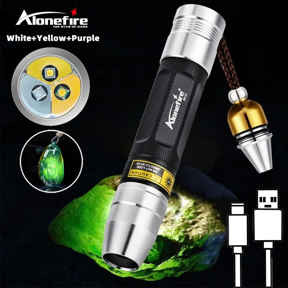 3 in1 White Yellow UV 365nm LED Flashlight USB C Rechargeable Jewelry Jade Stone Pet Stain Tinea Marker Ore Money Scorpion Light