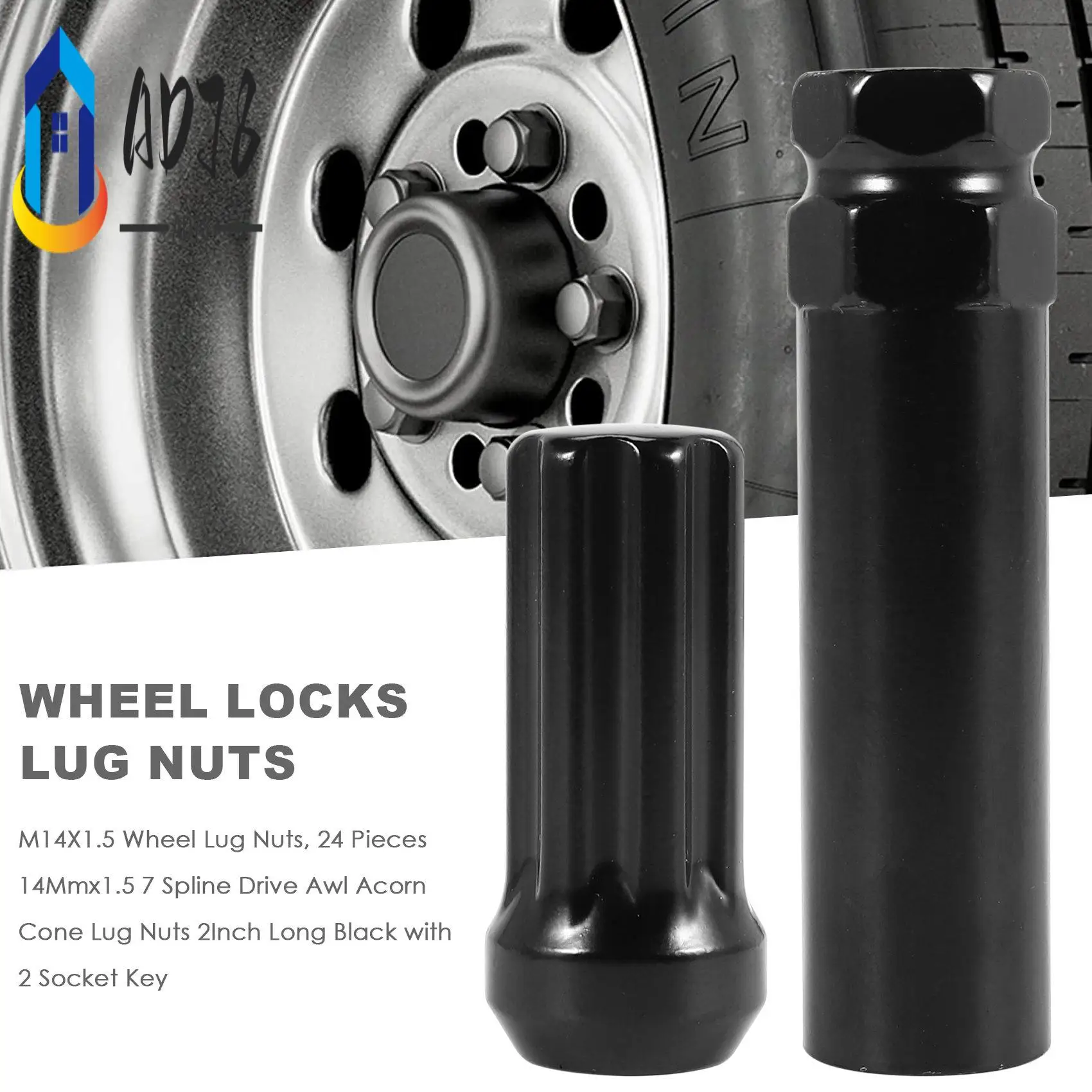 

AD78-M14X1.5 Wheel Lug Nuts, 24 Pieces 14Mmx1.5 7 Spline Drive Awl Acorn Cone Lug Nuts 2Inch Long Black With 2 Socket Key