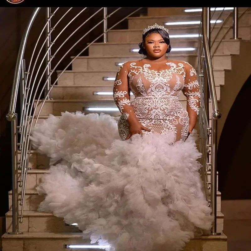 

Современные кружевные аппликации по индивидуальному заказу, свадебные платья русалки, халат Mariée, многослойная юбка с длинными рукавами, свадебные платья