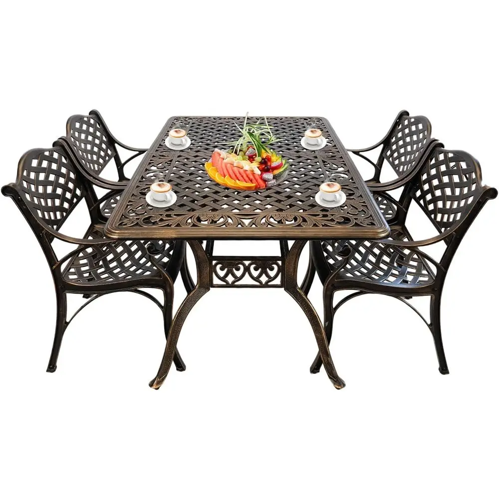 

Всепогодный обеденный набор из 5 предметов на открытом воздухе со столом и стульями, бронзовая литая алюминиевая мебель для патио с отверстием для зонта для Garde