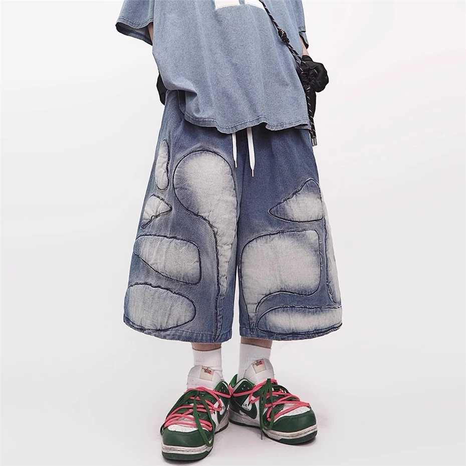 Patch Denim Shorts Mens Streetwear Hip Hop Knee Length Pants Harajuku Vintage Baggy Casual Wide-leg Jeans Short Male