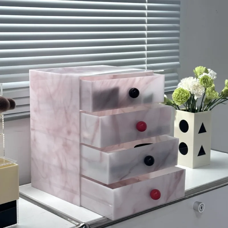 صندوق تخزين مستحضرات التجميل، أكريليك رخامي عالي الجودة، مقاوم للغبار على سطح المكتب، خزانة تخزين بأدراج