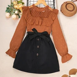 Children's spring fashion personality new sweet lace splicing polka dot long sleeve blouse short skirt girls suit