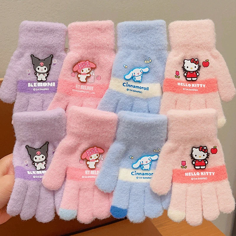 Sanrio Gloves Kawaii Hello Kitty Kuromi Cold-Proof Winter Finger Gloves My Melody Plush Warm Children Toddler for Birthday Gifts