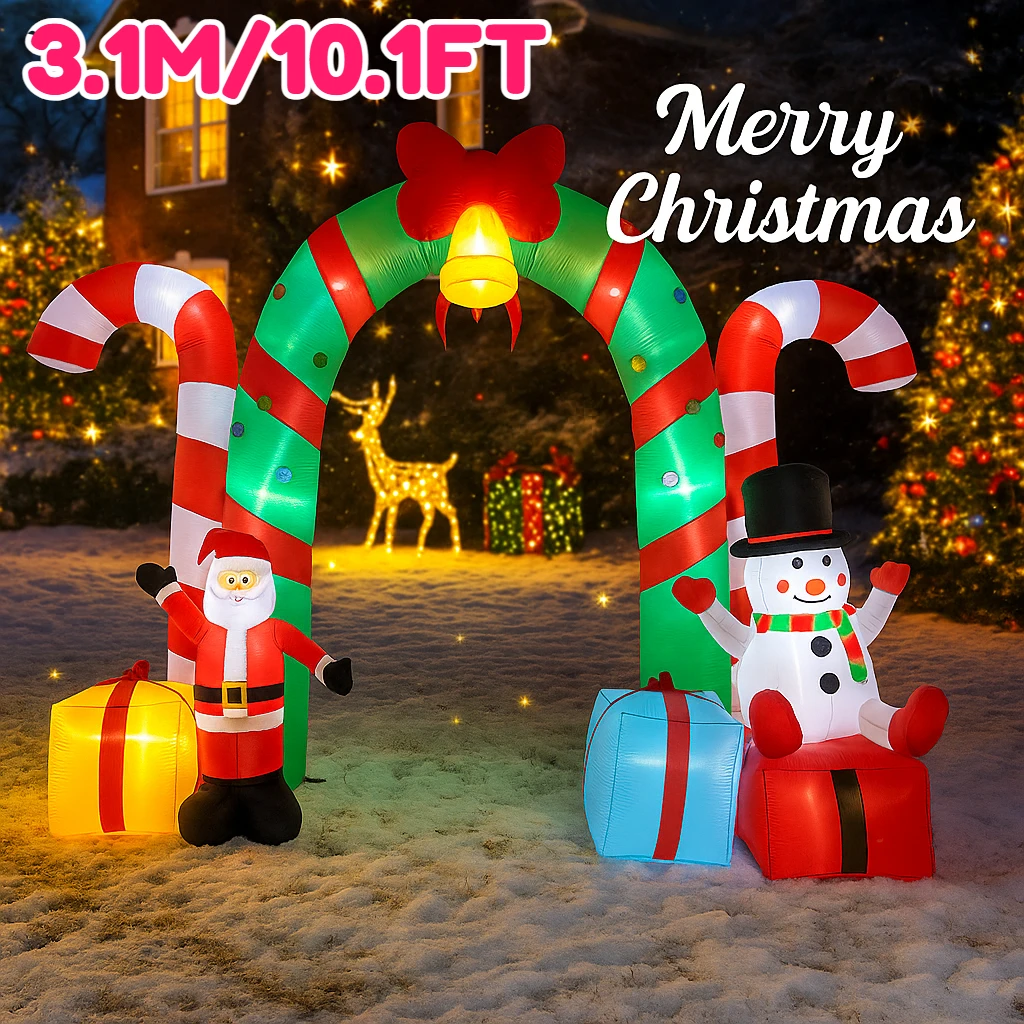 3.1M/10.1FT Santa Claus Snowman Candy Cane Archway Inflatable Model Christmas Decor Lights Outdoor Holiday Decor Yard Party Prop