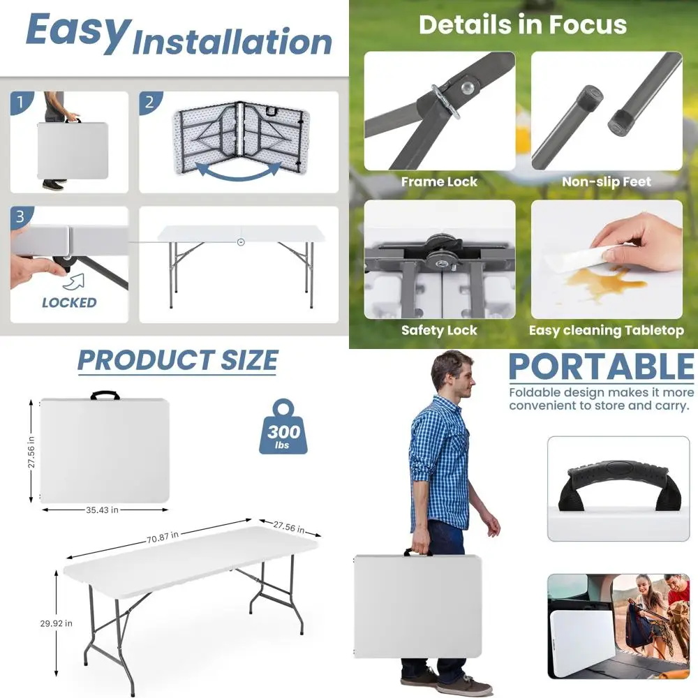 

Портативный прочный пластиковый стол для пикника с ручкой для переноски, идеально подходит для обедов на открытом воздухе и кемпинга, белый