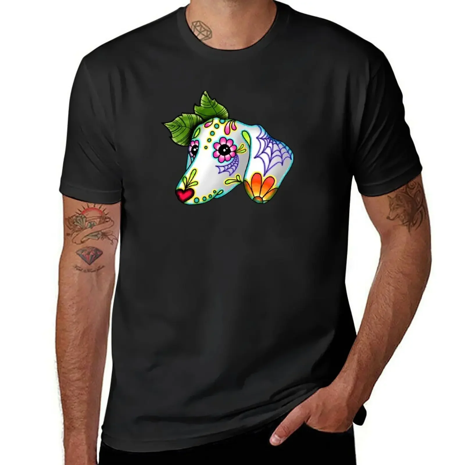 Day of the Dead Dachshund Sugar Skull Dog T-Shirt custom t shirt cute tops anime tshirt vintage graphic tee Men's t-shirts