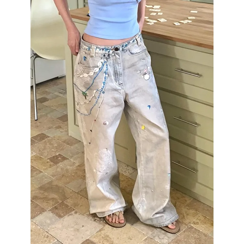 

Y2k Blue Jeans Women Harajuku Japanese 2000s Style Cute Cartoon Embroidery Baggy Denim Trousers Vintage Oversize Jean Long Pants