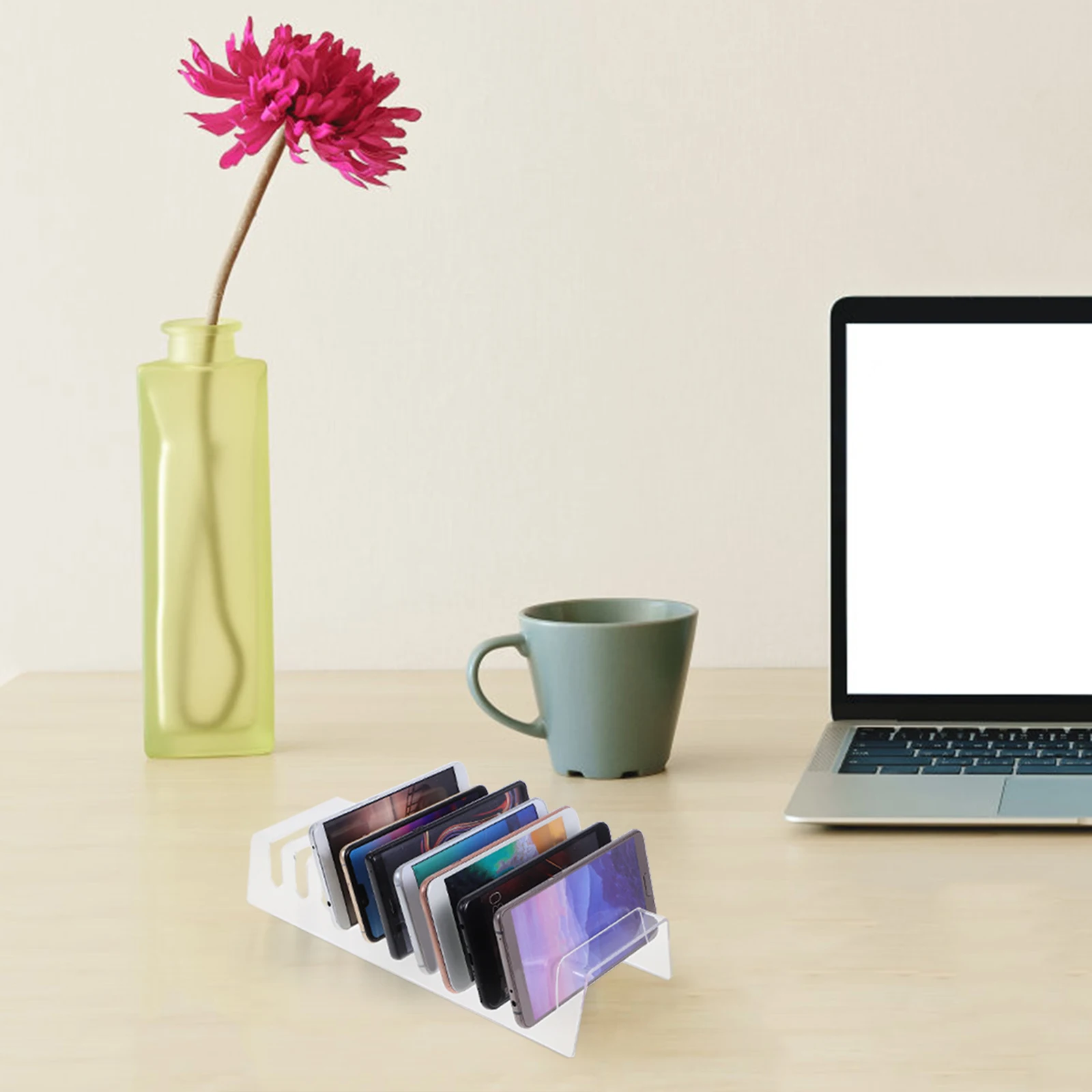 

10 Compartment Acrylic Phone Tablet Stand Multi Device Organizer Clear Desktop Storage Rack For Classroom Travel Charging