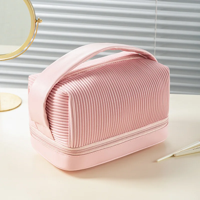 Large Capacity Double-Layer Handbag for Traveling Cream Toast Makeup Bag Portable Storage Bag