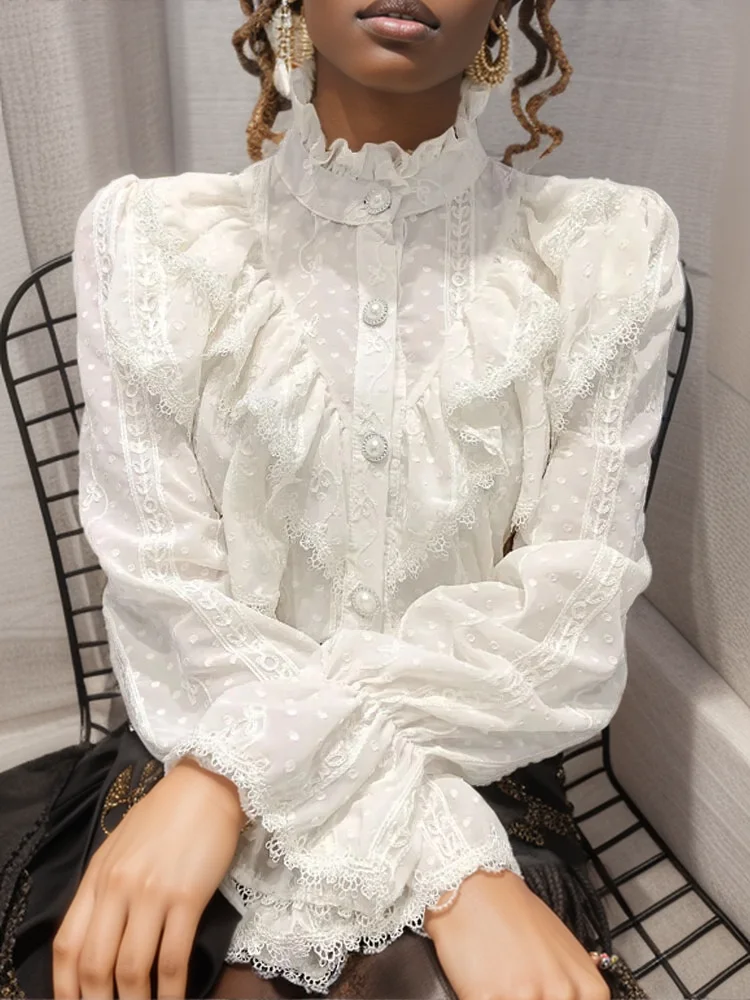 Spring Fashion  Long Sleeve Loose Button Women Shirt Elegant Stand Collar Pleated Tops Casual Ruffle Lace Blouse Blusas 15832