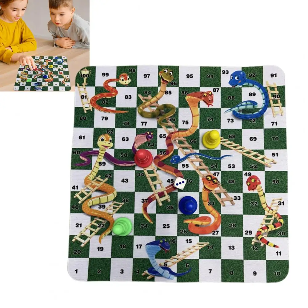 Snake Ladder Chess Game Board Game Set for Family Night with 24cm Chessboard 4 Chess Pieces 1 Dice for Kids