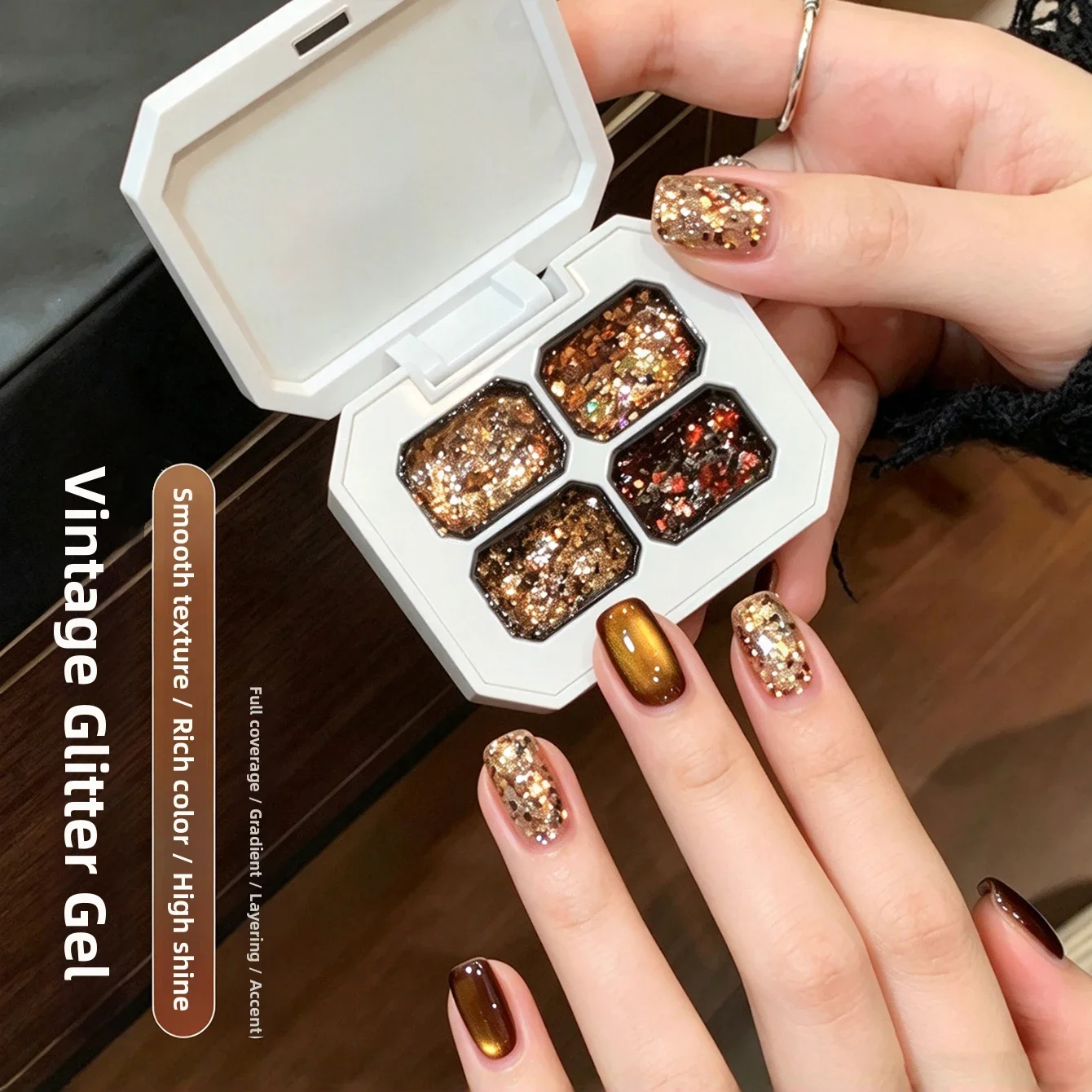 MIANEL 2026 Autumn/Winter New Arrival 4-Grid Vintage Style Glitter Nail Art Material, Dazzling Ultra-Bling Gel Polish