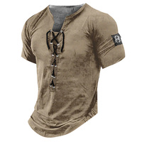 New Men V-neck Vintage T-shirt Short Sleeve Casual Cotton Tee Top Summer Fashion Lace Up 3D Digital Printed Tshirts Man Clothing