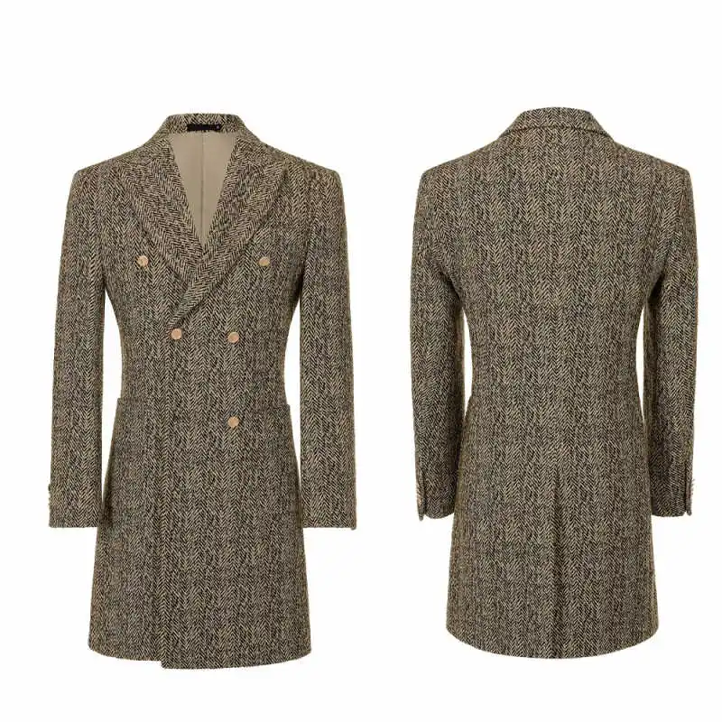 

Casual Men's Herringbone Tweed Double Breasted Peaked Lapel Coat Mid-Length Tailored Autumn Winter Groom Tuxedos