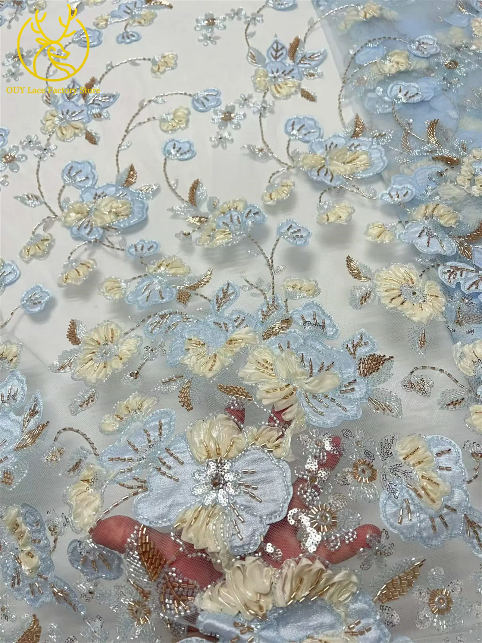 Afrikanischer Bräutigam Stickerei-Spitzenstoff mit Schwerer Perlenbestickung Hochwertiger Französischer Pailletten-Tüllspitzenstoff Nigerianisches Brautkleid Nähzubehör – Detail 14