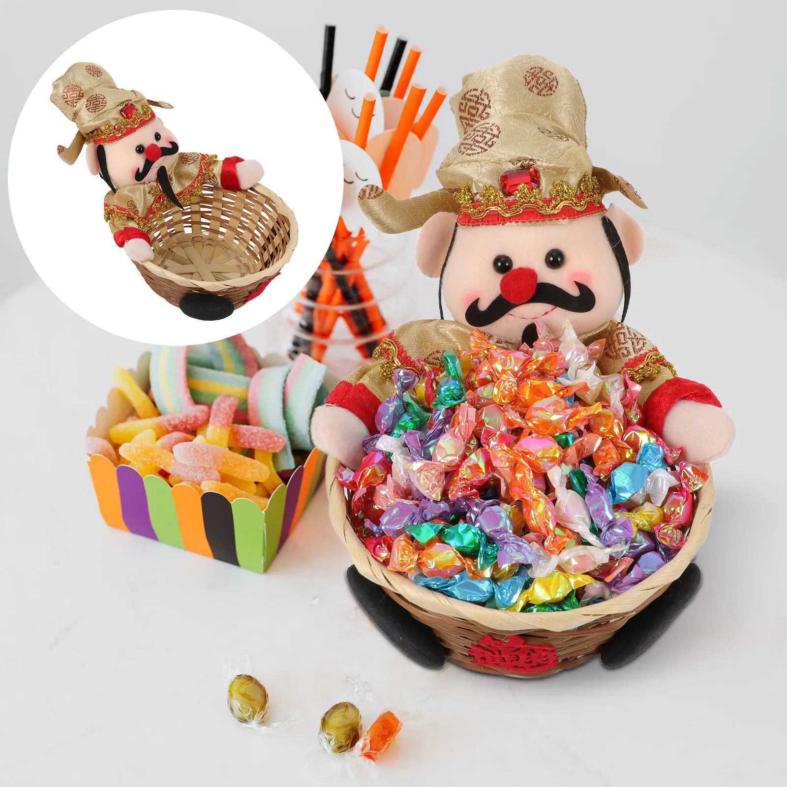 

1Pcs Chinese Style Bamboo Candy Storage Basket Decorative Snack Container New Year Candy Basket Desktop Adornment Fortune Symbol