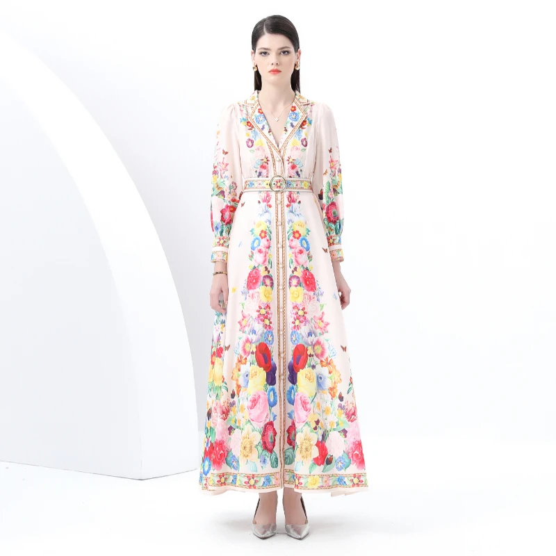 

2025 Early Spring - Vacation Style Collar Long Sleeve Flared Hem Wave Floral Print Long Dress